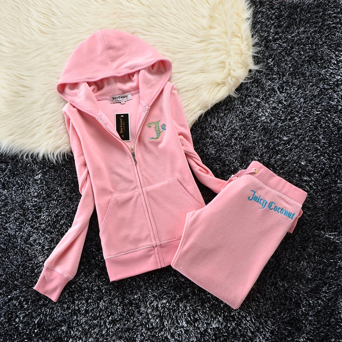 Juicy Coconut Brand Embroidery Diamonds Women Sporting Suits Slim Velvet Casual Women's Tracksuits Hooded Collar Sportswear suit