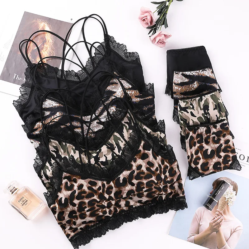 Sexy Leopard Print Women‘s Underwear Set Temptation Lace Bralette Wire Free Push Up Brassiere Female Lingerie 2-Pieces Suit