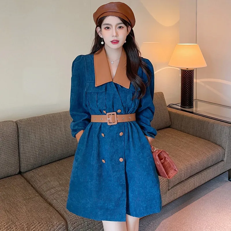 

New Autumn Winter Korean Mid-length Coat Temperament Vintage Lace-Up PU Leather Contrast Patchwork Women's Fashion Windbreaker