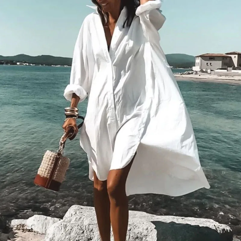 Camicia allentata da donna abito da spiaggia 2020 abito estivo con bottoni sul colletto rovesciato abito da festa a maniche lunghe con stampa