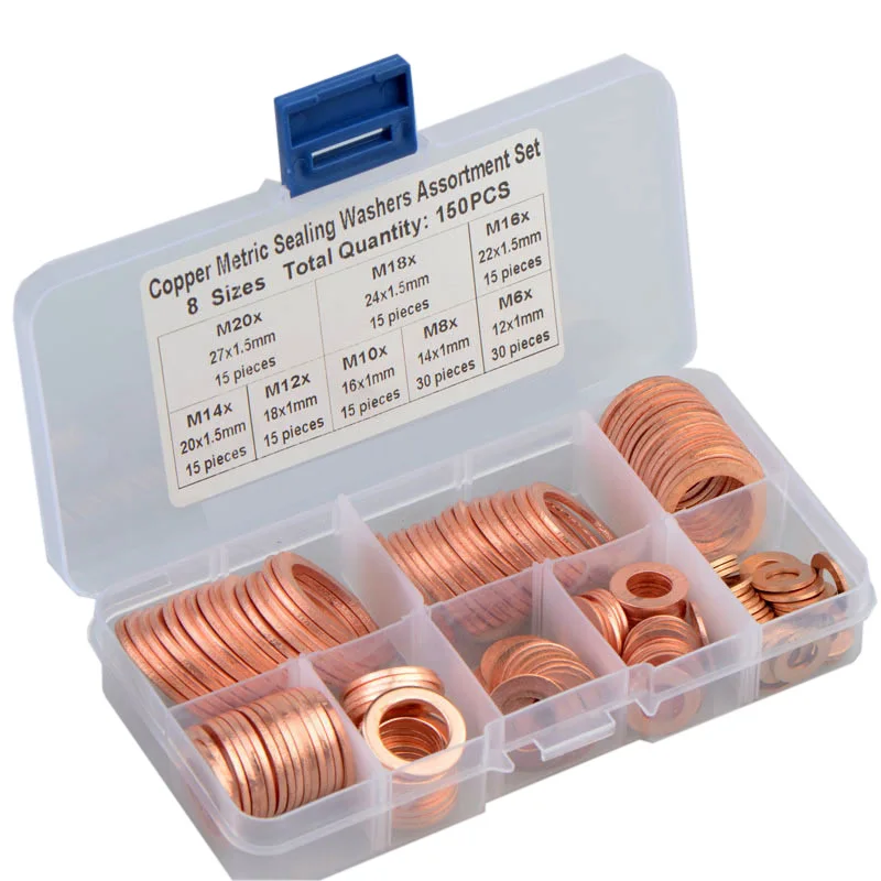 150PCS ทองแดงเครื่องซักผ้าซีลน้ำมันปะเก็นแหวนแบน Seal Assortment KIT พร้อมกล่อง // M6/M8/M10/M12//M16/M18/M20สำหรับปลั๊กบ่อ
