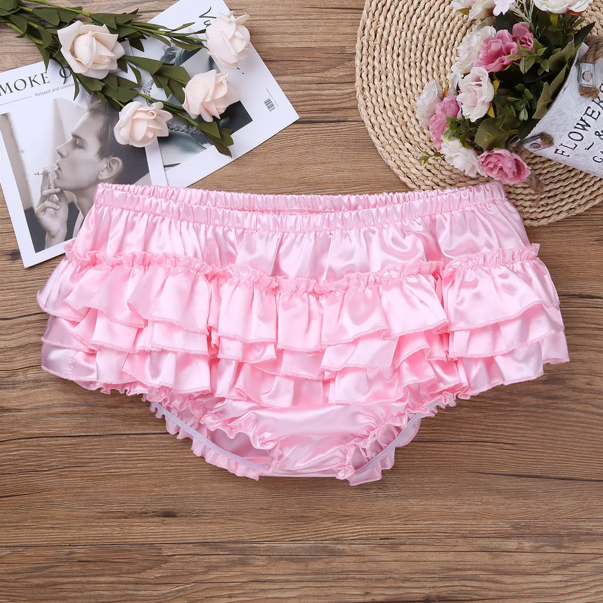 Mens Ruffle Panties Gay Male Sissy Lingerie Shiny Satin Tiered Skirted Briefs Lolita Knickers Crossdress Underwear Nightwear