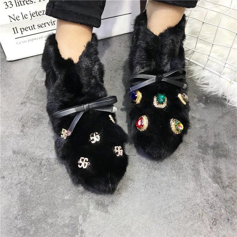 Crystal Decor Women Winter Warm Fur Booties Flat Botas Mujer Casual Ankle Boot Thick Sole Platform Shoes Ladies Snow Boots