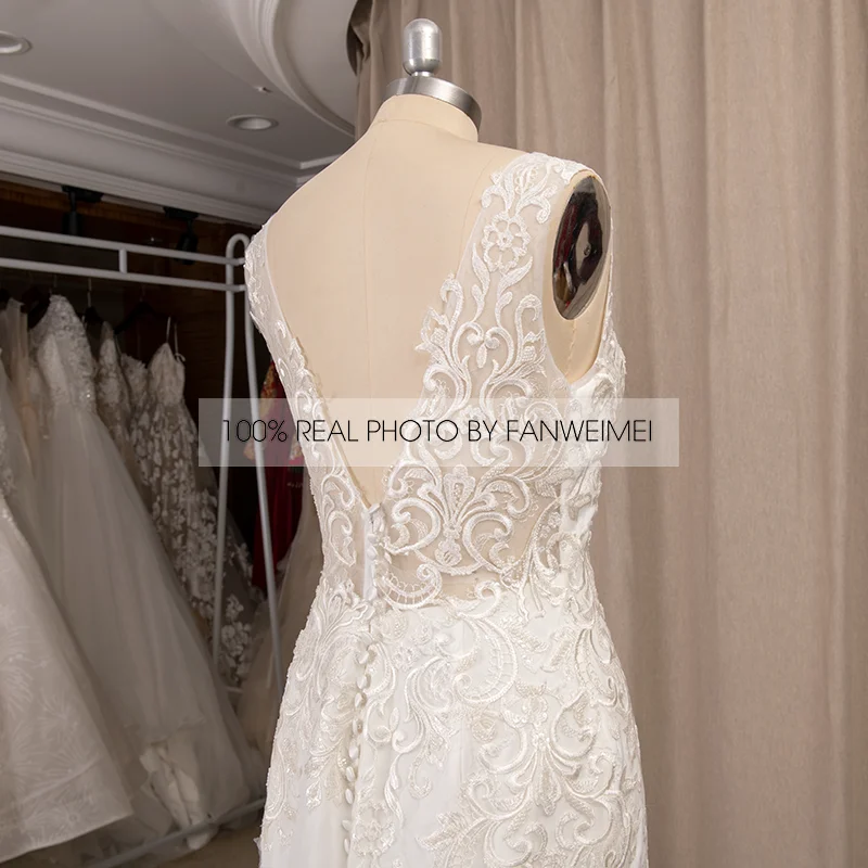 Vestidos de novia de encaje transparente sin mangas con apliques, vestido de novia elegante con Espalda descubierta, cuello redondo, fotos reales, 100%, 2021