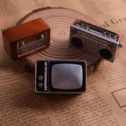 Miniature Vintage Television Radio Records Wood and Metal TV Radio Set Retro Dollhouse Furniture 1:12 Scale Living Room 1/3pcs