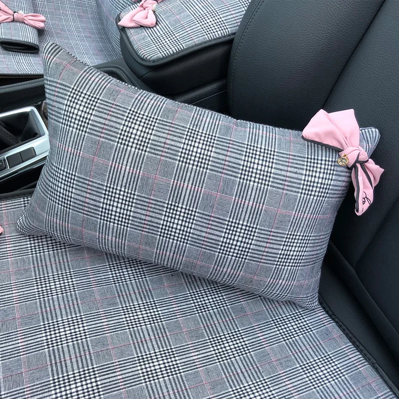 Diamond Bowknot Car Neck Pillow Classic Plaid fabric Auto Interior Headrest Seat Support Waist Pillows Car Accessories for Girls