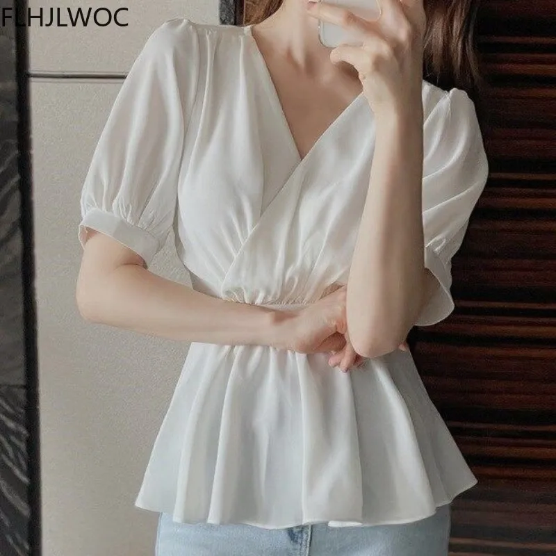 Korea Chic Tops Blusas Women Fashion Flhjlwoc Slim Belly Peplum Design Ruffled V Neck Peplum Solid Black White Blouse