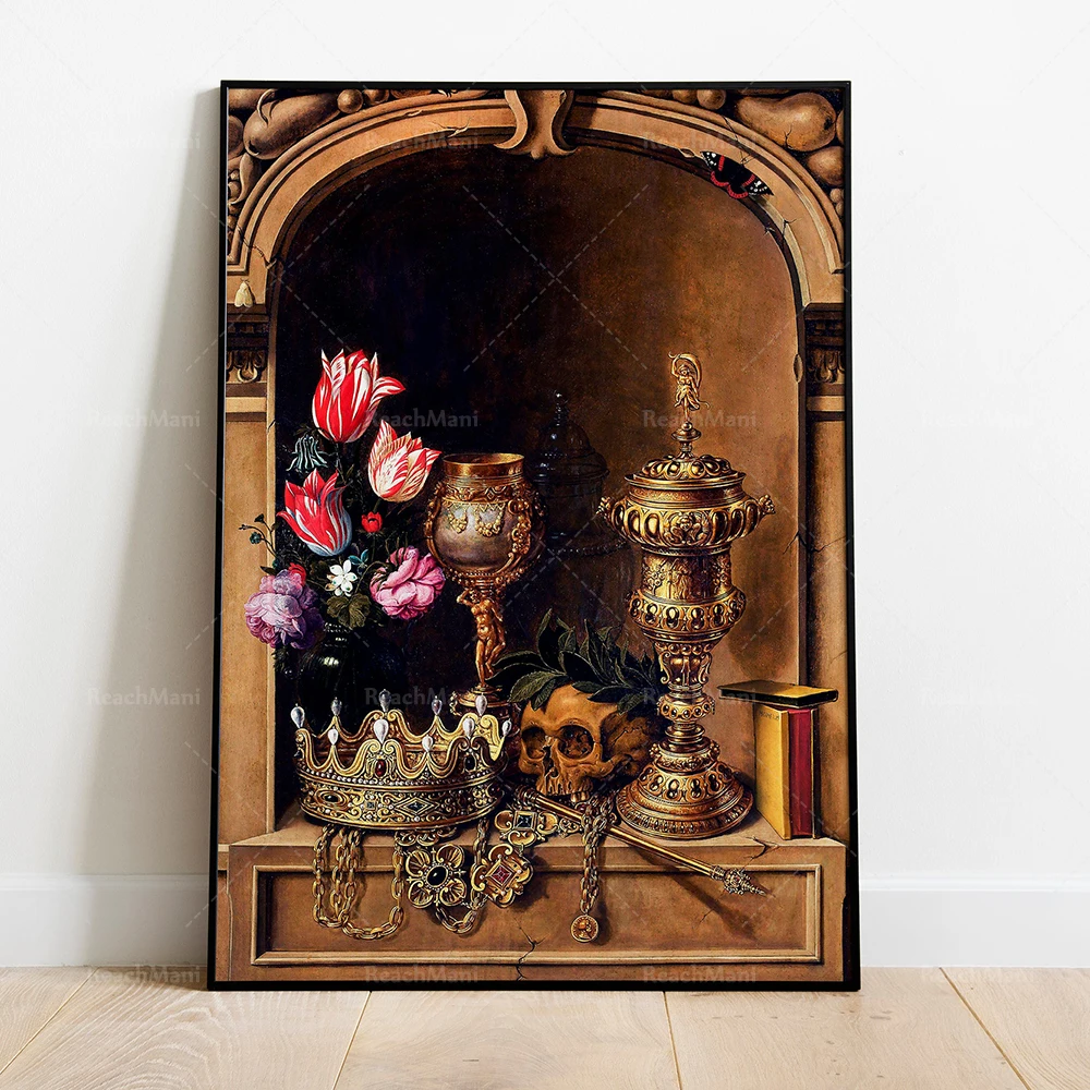 Vanitas Still Life | Skulls and Flowers | Souvenir Mori | Death Wall Art | Creepy Printable | Skull Art Decoration Poster