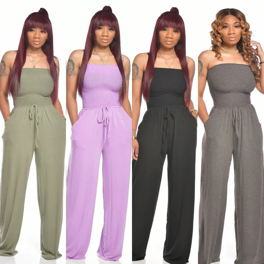 แฟชั่นผู้หญิง Jumpsuits 2020 ฤดูร้อนใหม่ Breathable สุภาพสตรีลำลองหลวมปิดไหล่ Backless ขากว้าง Jumpsuit Romer กางเกง