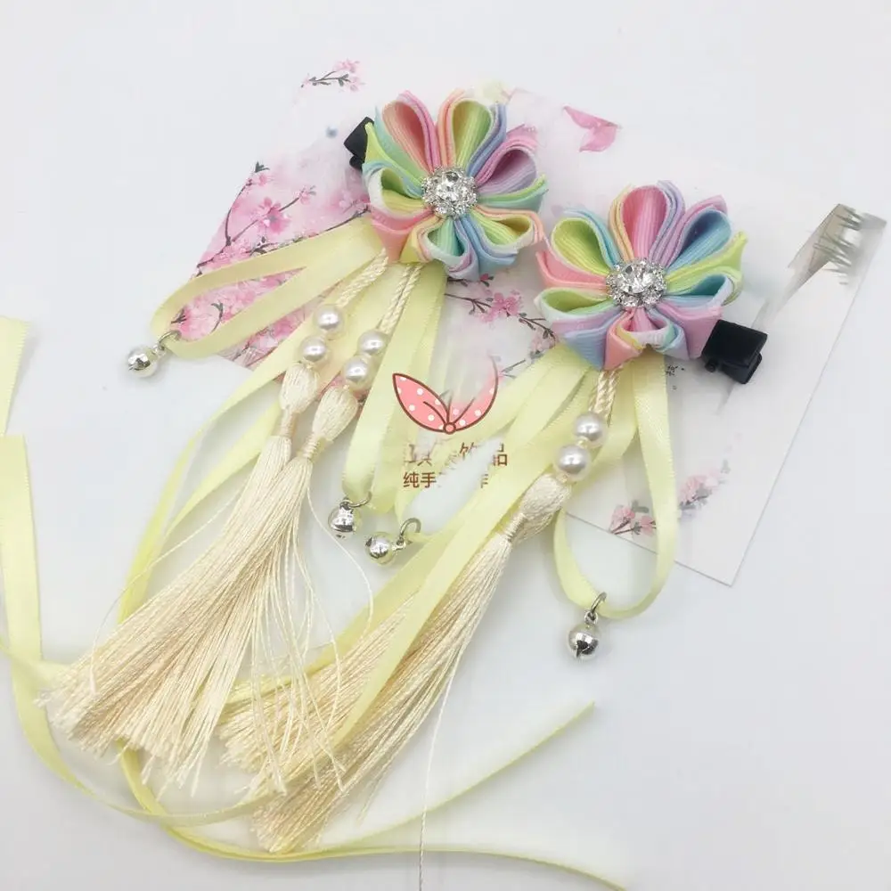 2 pcs Maru-Tsumami Kanzashi Flower Two Layers Tassels Ribbon Hair clip Traditional Japanese Style Kimono Accessory Outfit HW046