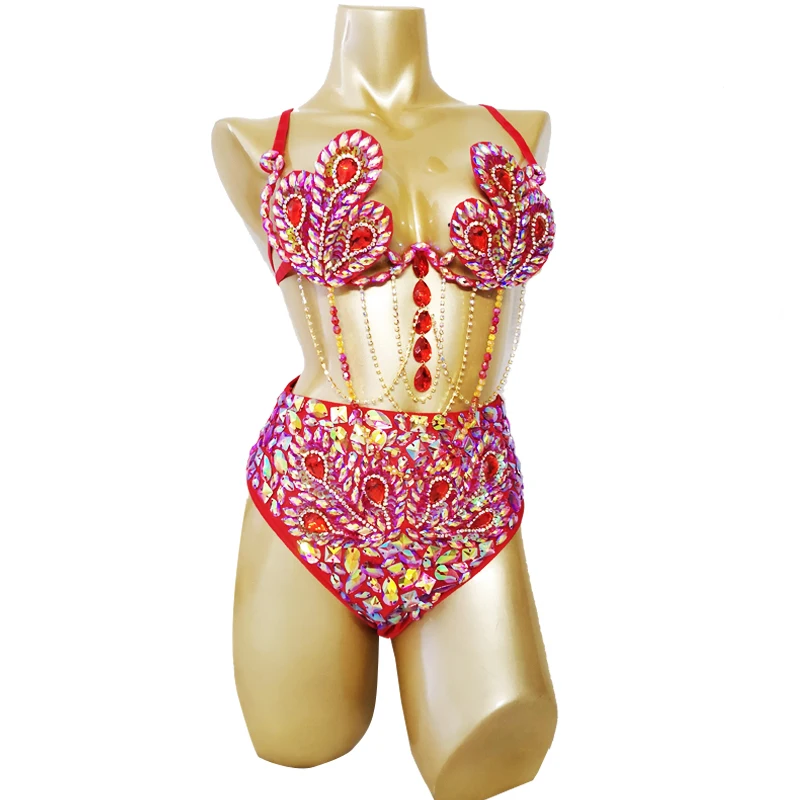 Samba Carnival Wire Bra & High Waist Bottom 2pcs/Set Stones Free Shipping CB010-2 RED ROYAL BLUE