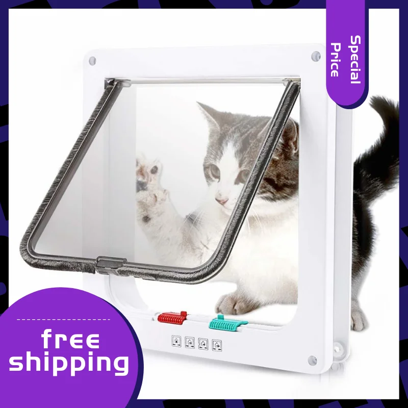 Dog Cat Flap Door with 4 Way Lock Security Flap Door For Cats Kitten ABS Plastic Small Dog Gate Cat Dogs Flap Pet Door Chip Dog