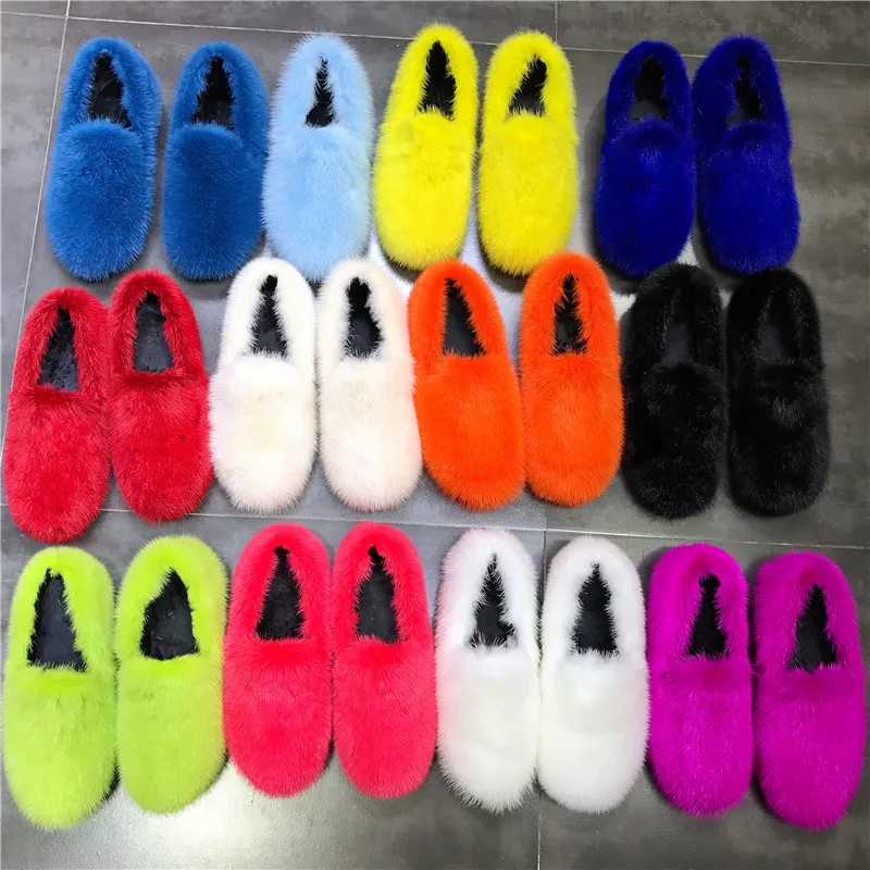 2024 New Real Mink Fur Women Flats Moccasins Winter Warm Shoes Outside Loafers Espadrilles Ladies Thick Sole Flat Fur Shoes