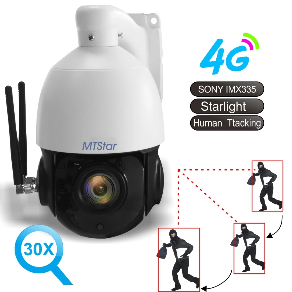 

MTStar 4 inch 5MP 30X Zoom 4G WIFI PTZ Camera Human tracking Starlight Support 128G TF Card P2P IR 120m