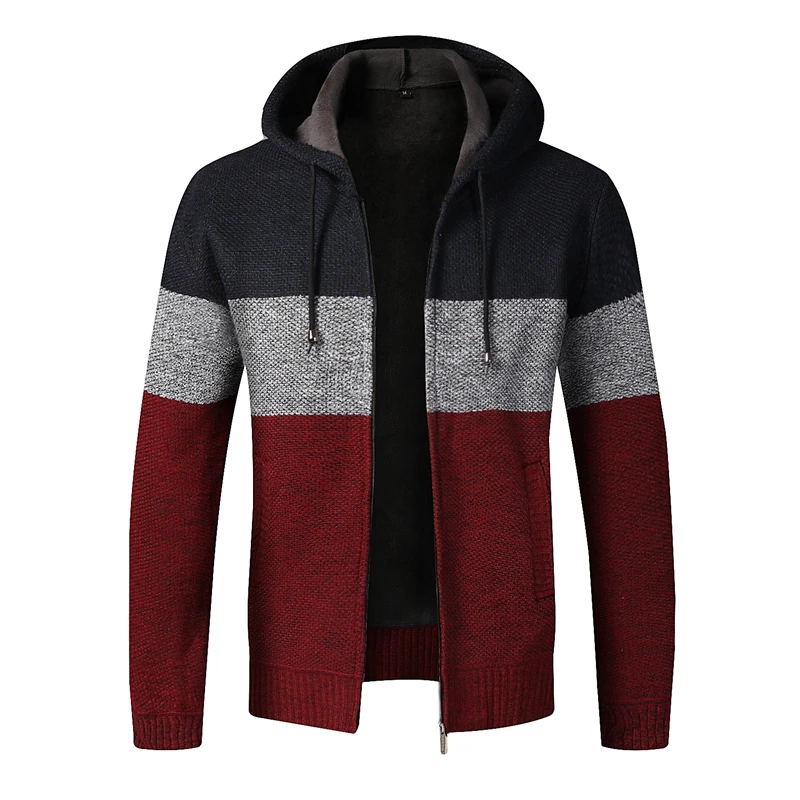 Winter Men's Jacket Thick Warm Cardigan Casual Hooded Coat Fleece Cashmere Coats Autumn Gradient Knitted Zipper Patchwork Jacket