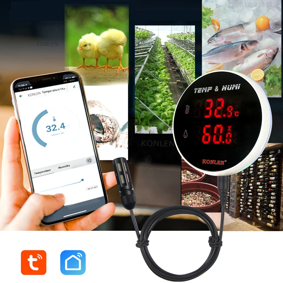 Tuya WIFI Temperature Humidity Sensor Thermometer Hygrometer Smart Life Moisture Probe For Home Plants Greenhouse Refrigerator