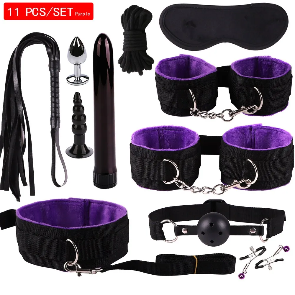 Sexy nylon BDSM Kits Plush Sex Bondage Set Handcuffs Sex Games Whip Gag Nipple Clamps Sex Toys For Couples Exotic Accessories