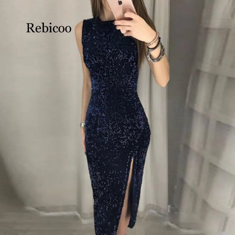 Women Sexy Dress Vestidos De Fiesta Sleeveless Sequin Bodycon Party Dress Wedding Prom Formal Dress Women Dress