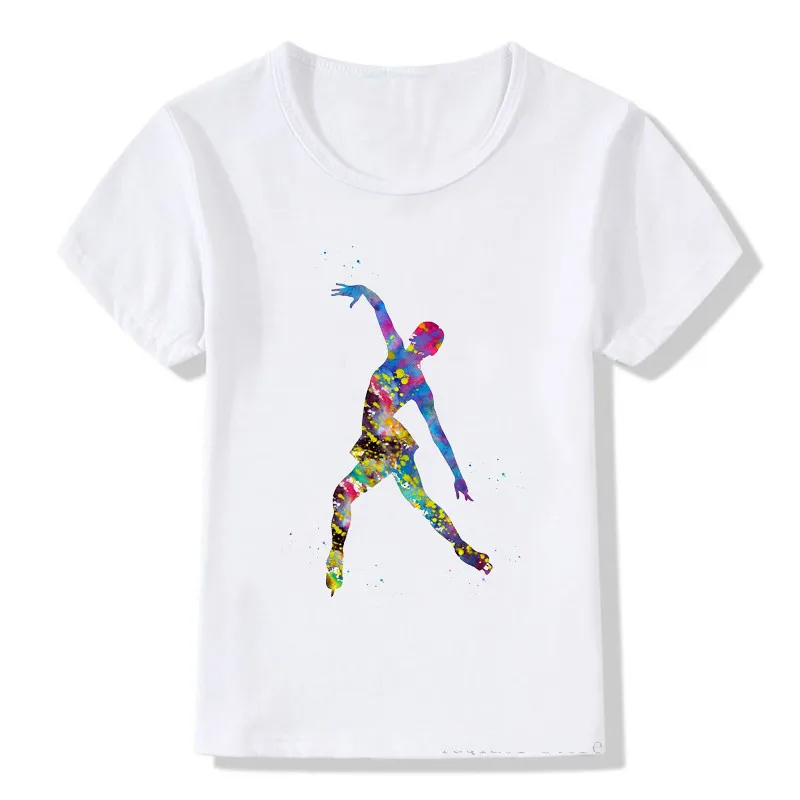 Watercolor ice skating girl print design kids t shirt cute summer tops girls clothes white DIY custom tshirt children t-shirts