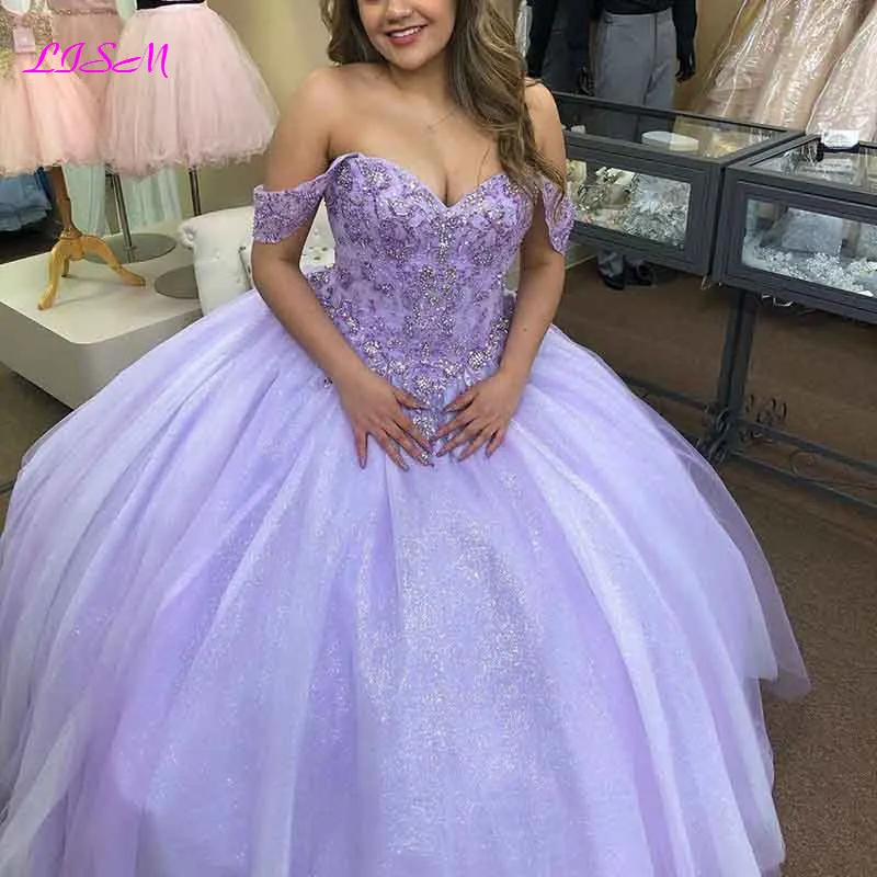 Lilac Lace Beaded Quinceanera Dresses Ball Gown Off the Shoulder Sexy Party Sweet 16 Dress Long Prom Gowns