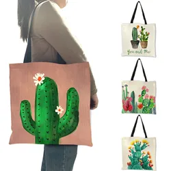 Borsa di lino calda della pianta dell'acquerello di modo 2018 con i sacchetti della spesa multiuso del sacchetto di totalizzatore della stampa del Cactus per la signora delle donne Dropshipping