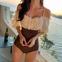 Korean Off Shoulder Flounce One Piece Swimsuit Ladies 2022 Patchwork Monokini Bandage Lace Swimwear Women Ruffles Swim Bath Suit