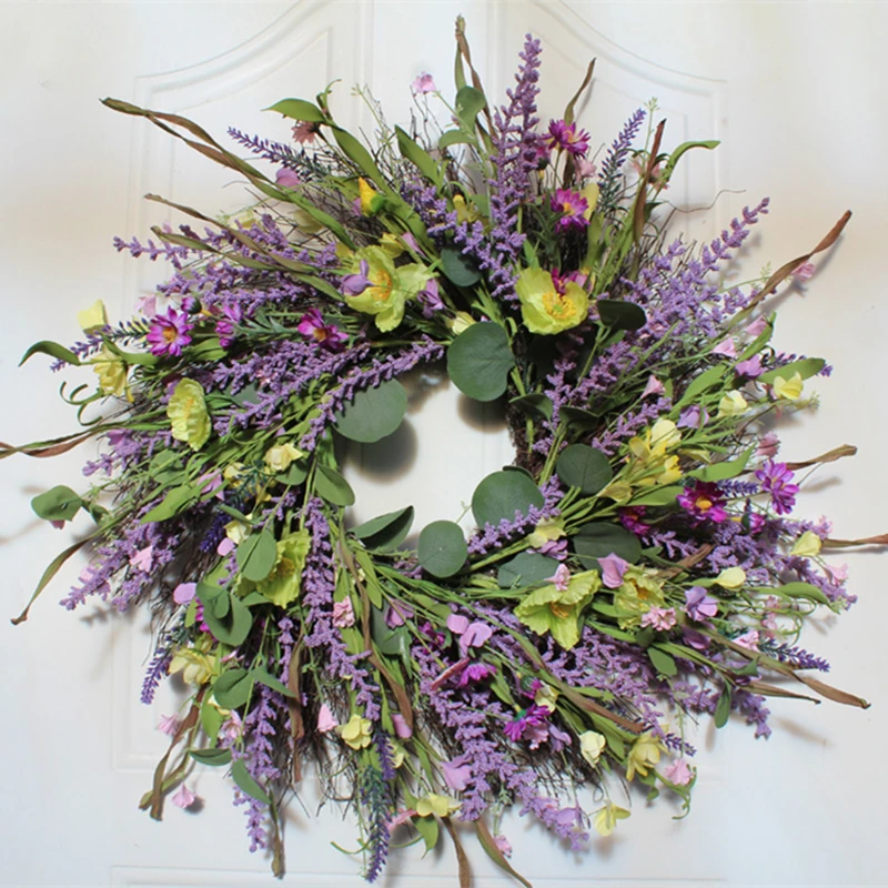 Lavender Daisy Floret Wreath Artificial Flower Plant Restaurant Wedding Festival Decoration Garland Wall Door Hanging Home Decor