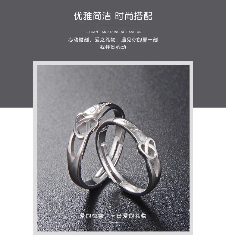 Genuine 925 Sterling Silver Heart Lovers Rings for Women Wide Thin Circle Adjustable Rings Jewelry 2020 New Hot Sale