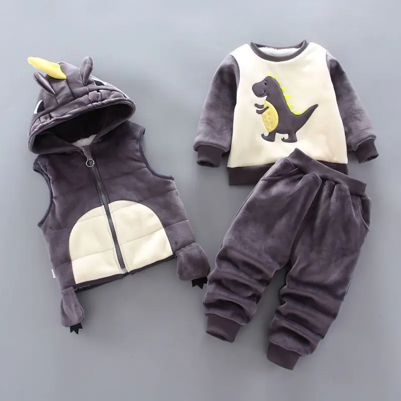 Baby Boys Clothing Sets Winter Plus Velvet Thick Warm 3Pcs Outift Cartoon Dinosaur Children Clothes Sport Tracksuit Set For Kids