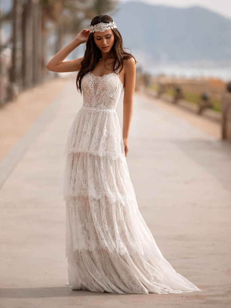 Robe De mariée en dentelle style Boho, longueur au sol, décolleté en cœur, élégante, bohème, 3 couches, rustique, Vintage, sans manches, dos nu, 2021