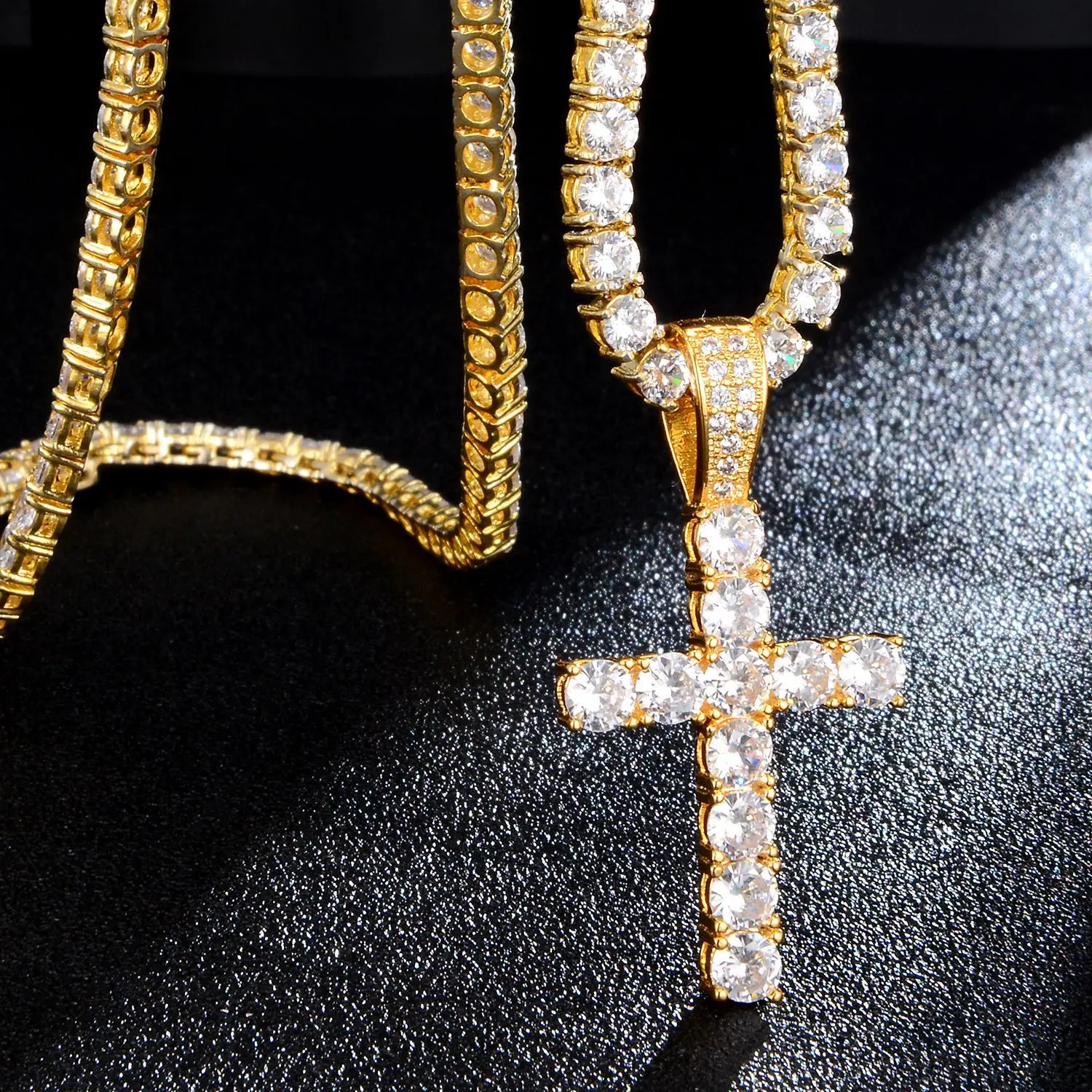 

Tennis Cross Pendant Necklace Iced Out Bling Cubic Zirconia Hip HopJewelry Tennis Chain Silver Gold Color Charm for Men Women