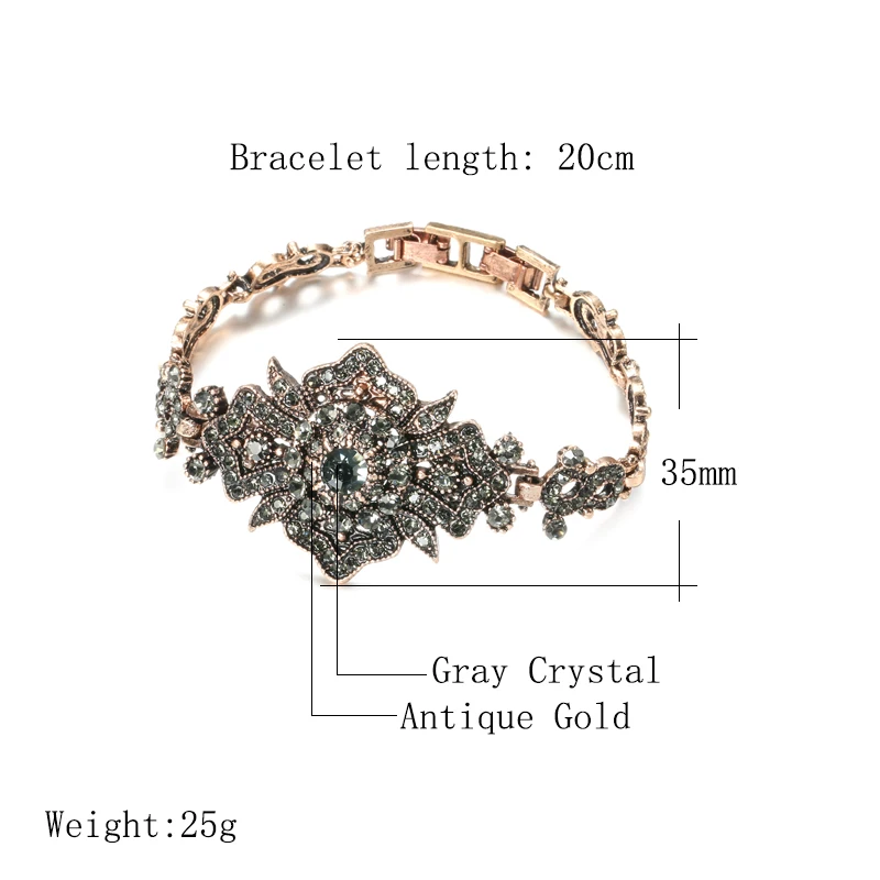 Unique Inlay Gray Crystal Vintage Bracelets for Woman Antique Gold Color Boho Style Ethnic Bride Wedding Bangles Elegant Jewelry