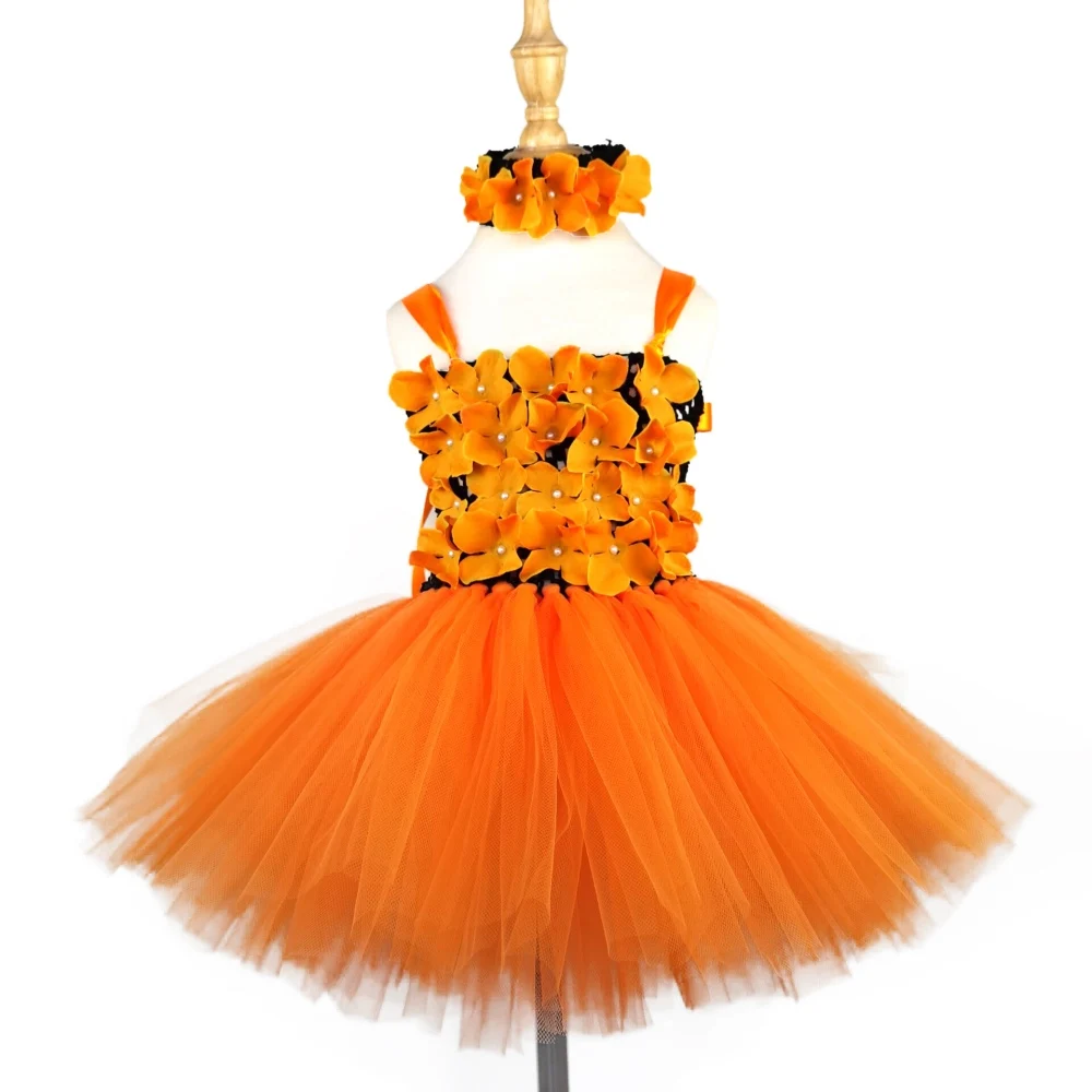 Girls Orange Flower Petals Tutu Dress Kids Black Crochet Ballet Tulle Dress with Headband Children Halloween Party Costume Dress