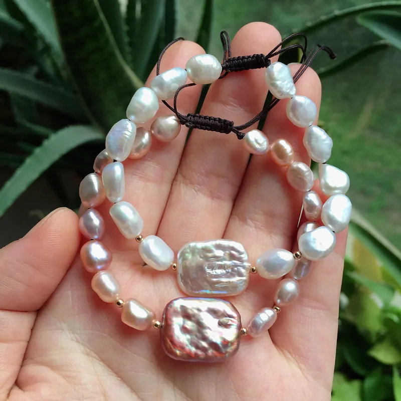 Fashion Natural Freshwater Pearl Bracelets Rectangle Square Baroque Pearl Charm Healing Real Pearls Strand Bracelets for Women