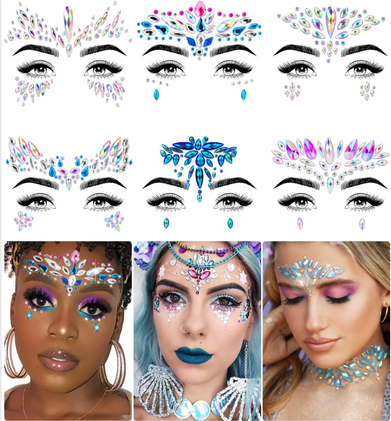 6 Sets Face Gems Luminous Temporary Tattoo Stickers Acrylic Crystal Glitter Stickers Waterproof Face Jewels Rainbow Rhinestone