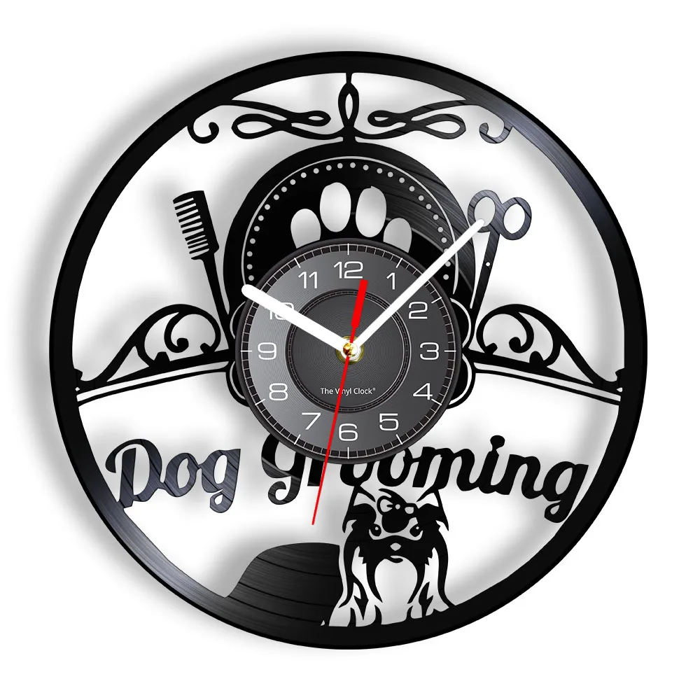 Dog Grooming Vinyl Wall Clock For Vet Beauty Shop Puppy Stylin Care Pet Spa Record Clock Doggie Dash Stylist Vintage Timepieces