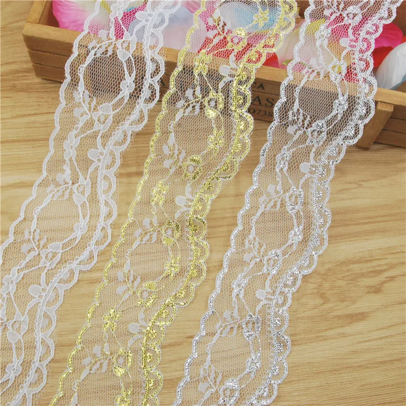 Tecido de renda dourada branca, suprimentos para costura de casamento, material de renda dourada e prateada, vestidos de novia rendas apliques 50mm 50 jardas l213