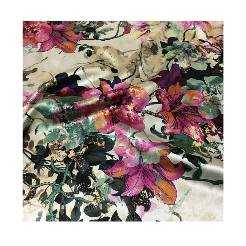 Vine mottled printed lily heavy satin stretch digital printed fabric natural mulberry silk haute couture used for dress fabric