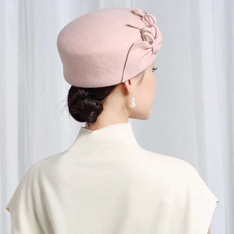 H3531 Women Wool Fedoras Hat Autumn Winter Korean Pure Color Bowknot Elegant Party Cap Japanese High Quality Retro Lady Hats