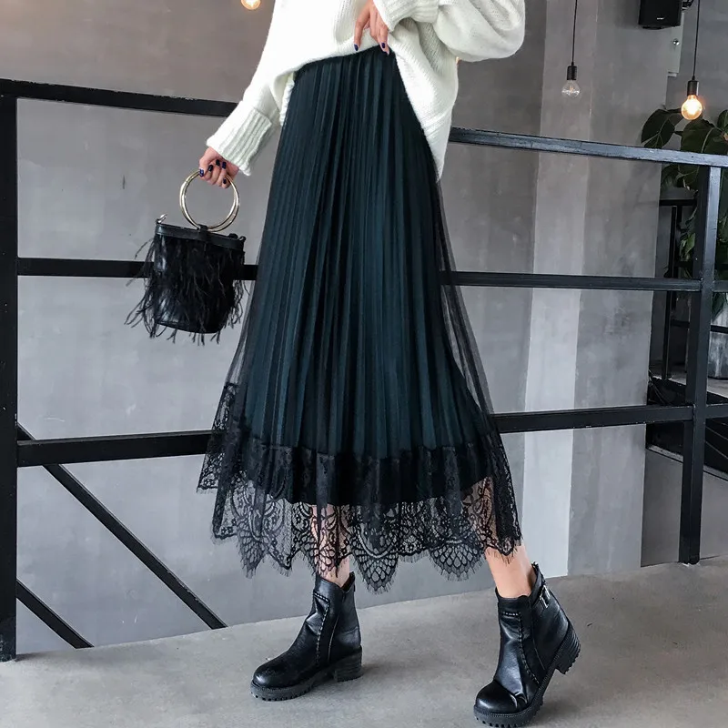 Women Autumn Elegant Mesh Midi Skirts Fashion Ladies Spring Streetwear High Waist Tulle Lace Patchwork Pleated Skirt DS252