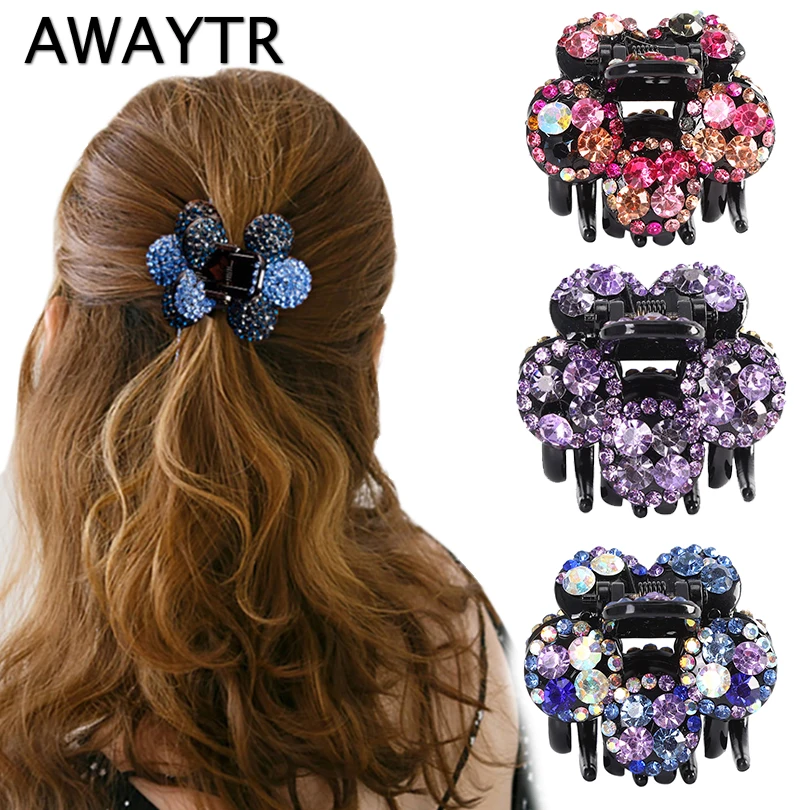 AWAYTR Rhinestone Hair Claws Clips Flower Women Fashion Crystal Hairpins Clamps Crab Ponytail Barrette Girls Hair Accessories