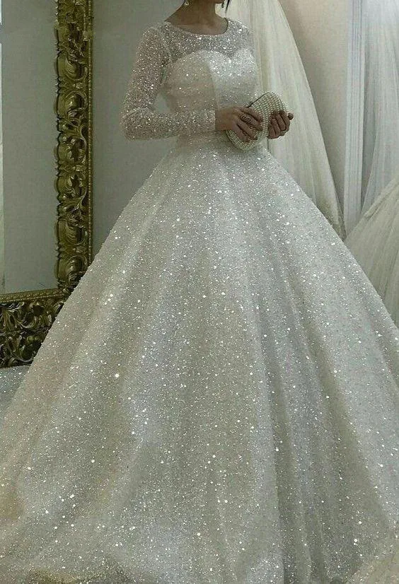 Vestidos de casamento brilhantes com mangas compridas, vestidos de noiva princesa, vestido para noiva, vestido para casamento, plus size, 2020