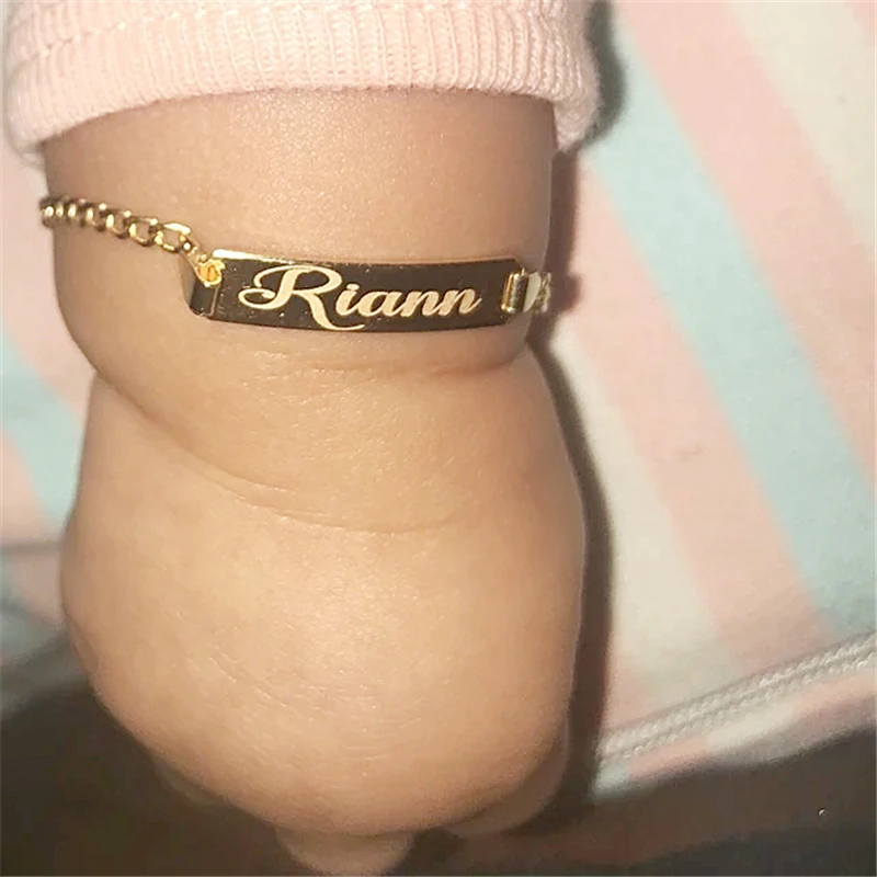 Nome personalizado Baby ID Bracelet, aço inoxidável, aço inoxidável, Cadeia Curb, Link Crown, meninas recém-nascidas, presentes do menino, não alérgico