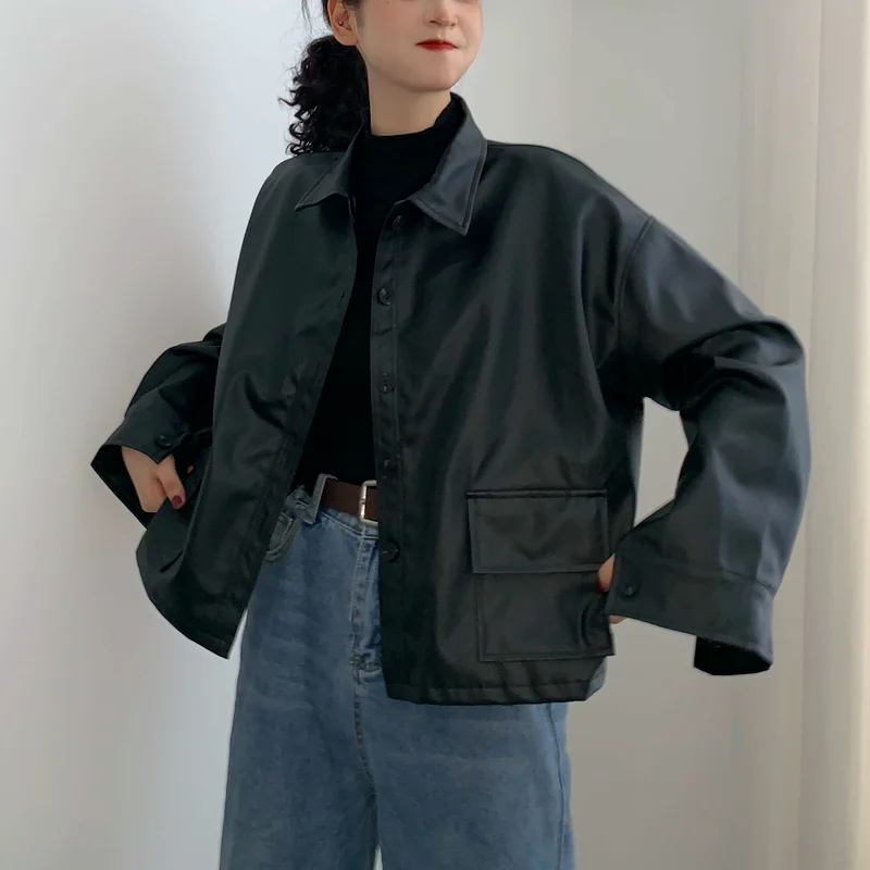 Blouson de motard en cuir noir pour femme, streetwear, décontracté, style punk, coréen, 2021