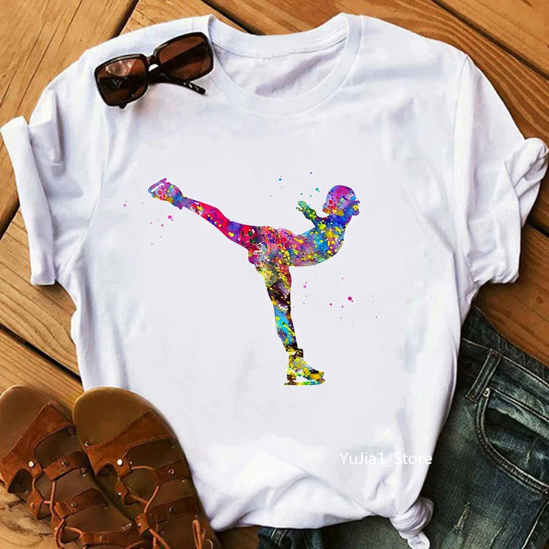 Ice Skating Watercolor Print Women\'S T-Shirt Girls Summer Fashion Tops Tee Shirt Femme Harajuku Kawaii Clothes Funny T Shirt