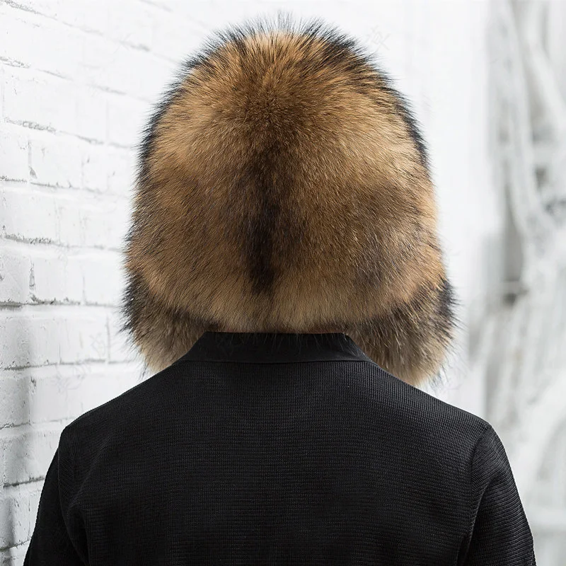 Natural Color Fur Hat Siberian Style Fur Hat  Raccoon Full Ushanka Hat for middle-aged cotton cap Lei Feng hat Winter hat