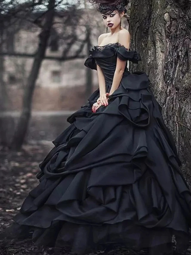 สีดำ Gothic Garden ชุดแต่งงาน2022 Plus Size Off Shoulder Cascading Ruffles ลูกไม้-Up Corset ลูกไม้ชุดเจ้าสาว Mariage