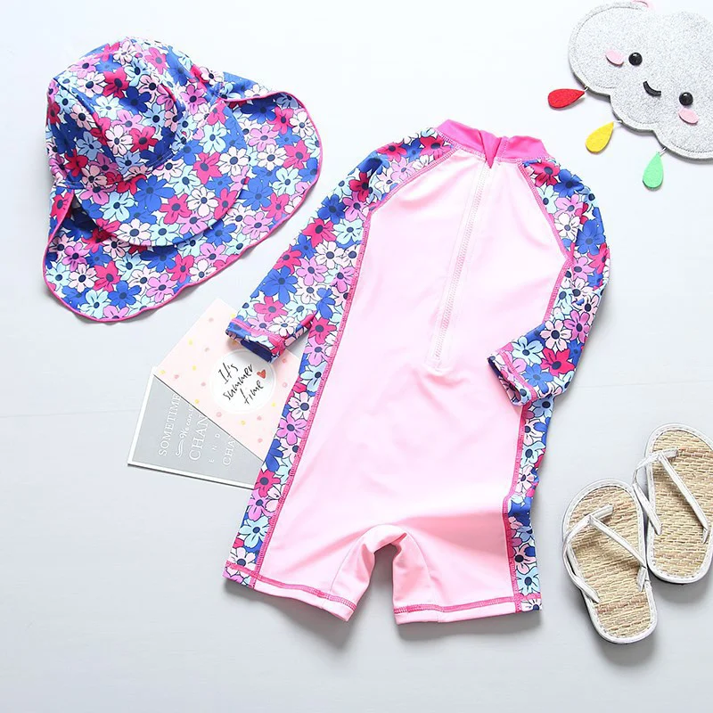 Children Girls Swimsuits Lovely Water Play Children Sunscreen Diving Beahwear One Piece with Cap Girl Sunscreen Clothes Swimwear