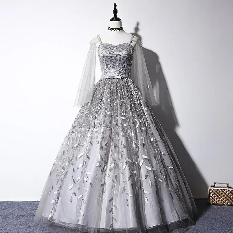 Elegant Gray Appliques Quinceanera Dresses Tulle Full Sleeve Noble Ball Gown Floor Length Party Prom Quinceanera DressCustomized