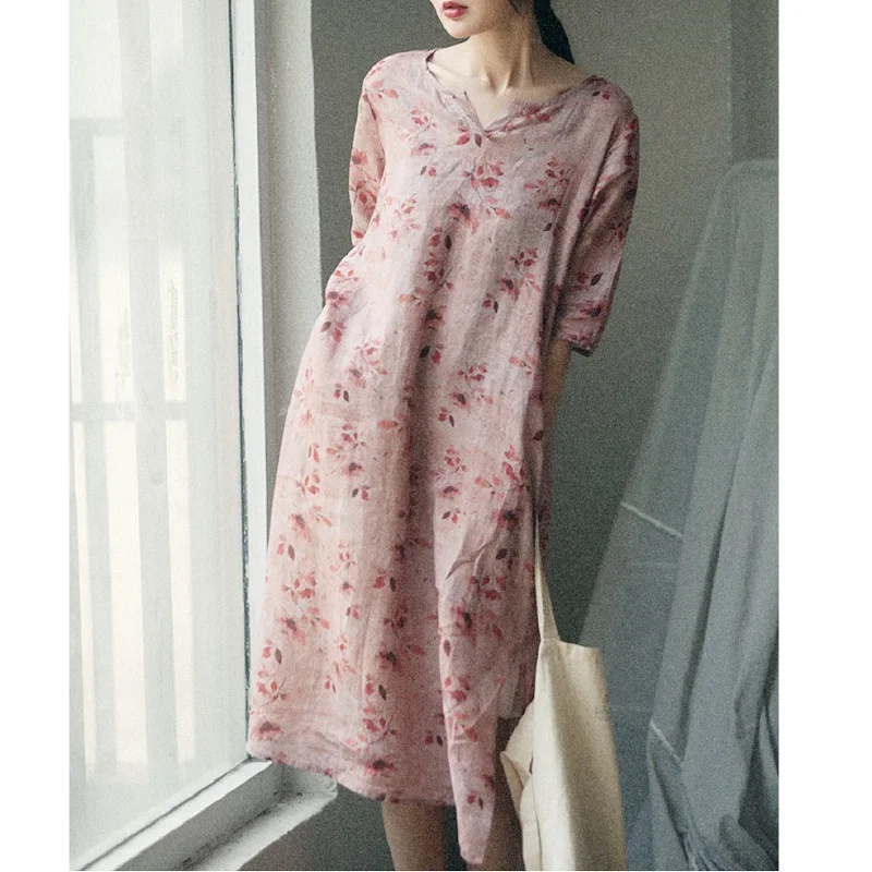 

Ramie V-neck Half Sleeve Printed Robe Vintage Dress Dresses For Women 2021 Summer Dress Sundress